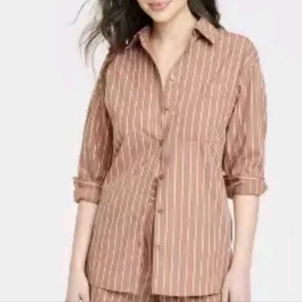 ♧♧ A New Day Womens Brown with White Button Up Long-sleeved Shirt Size Small NWT
